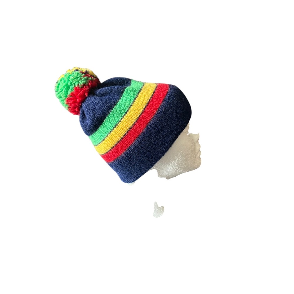 Vintage 100% Wool Knit Beanie Hat‎ Navy with Red, Yellow & Green Stripes Pom Pom
